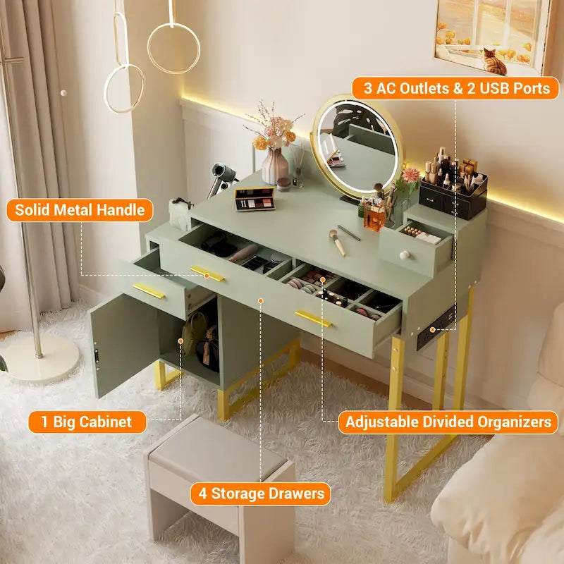 Coiffeuse réversible avec station de recharge, 4 tiroirs en bois et 1 meuble de rangement - N/A