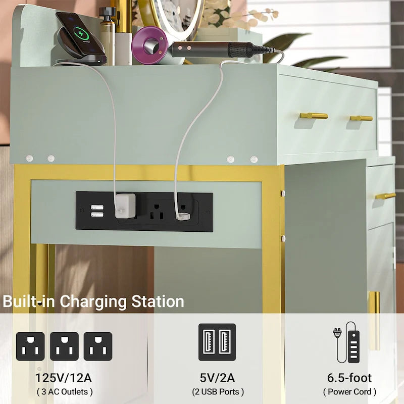 Coiffeuse réversible avec station de recharge, 4 tiroirs en bois et 1 meuble de rangement - N/A
