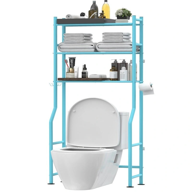 Étagère de rangement 3 niveaux au-dessus des toilettes, Étagère de salle de bain autoportante en métal avec 4 crochets, Étagère de rangement au-dessus des toilettes avec porte-papier