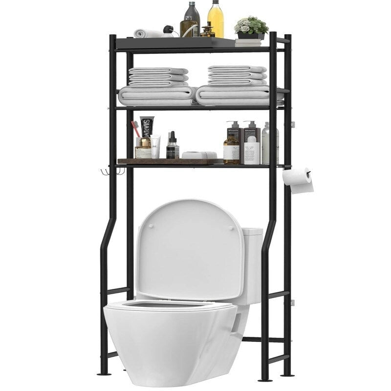 Étagère de rangement 3 niveaux au-dessus des toilettes, Étagère de salle de bain autoportante en métal avec 4 crochets, Étagère de rangement au-dessus des toilettes avec porte-papier