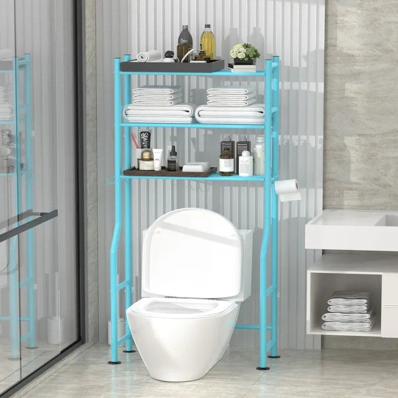 Étagère de rangement 3 niveaux au-dessus des toilettes, Étagère de salle de bain autoportante en métal avec 4 crochets, Étagère de rangement au-dessus des toilettes avec porte-papier