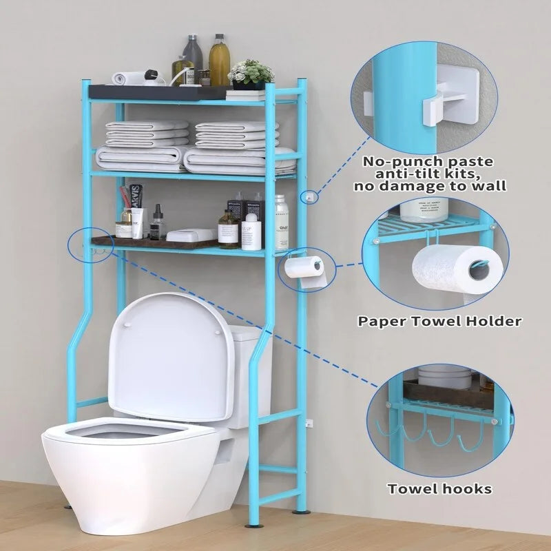 Étagère de rangement 3 niveaux au-dessus des toilettes, Étagère de salle de bain autoportante en métal avec 4 crochets, Étagère de rangement au-dessus des toilettes avec porte-papier