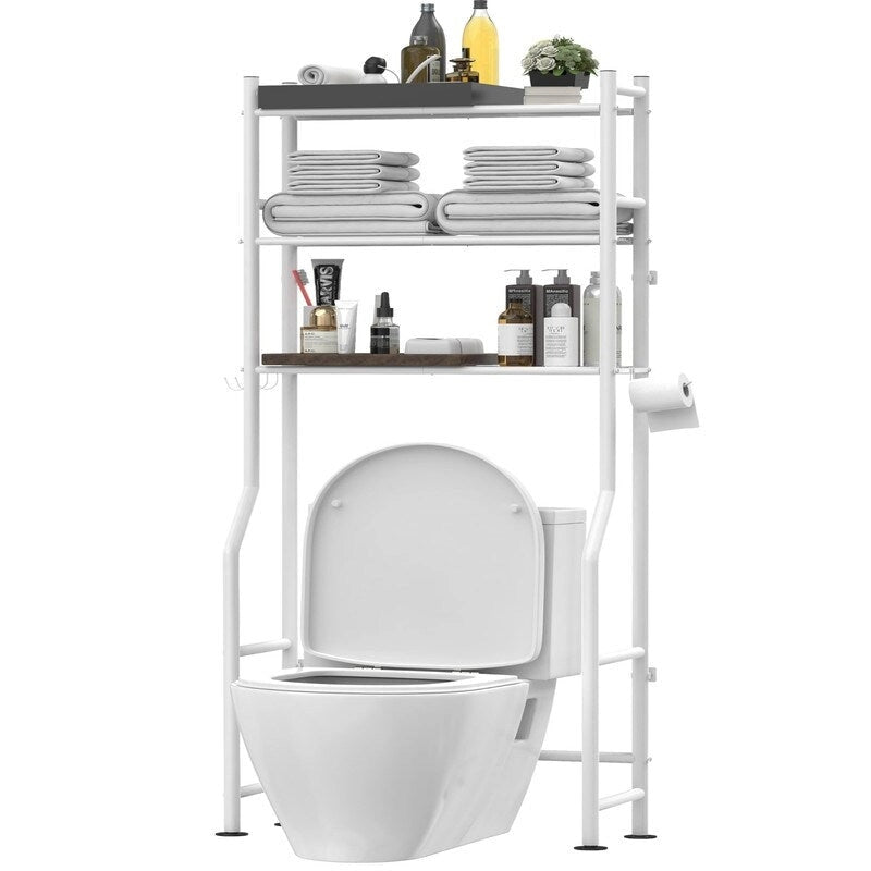 Étagère de rangement 3 niveaux au-dessus des toilettes, Étagère de salle de bain autoportante en métal avec 4 crochets, Étagère de rangement au-dessus des toilettes avec porte-papier