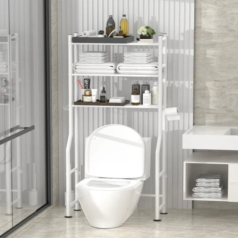 Étagère de rangement 3 niveaux au-dessus des toilettes, Étagère de salle de bain autoportante en métal avec 4 crochets, Étagère de rangement au-dessus des toilettes avec porte-papier