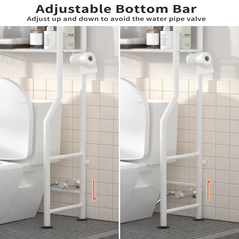 Étagère de rangement 3 niveaux au-dessus des toilettes, Étagère de salle de bain autoportante en métal avec 4 crochets, Étagère de rangement au-dessus des toilettes avec porte-papier