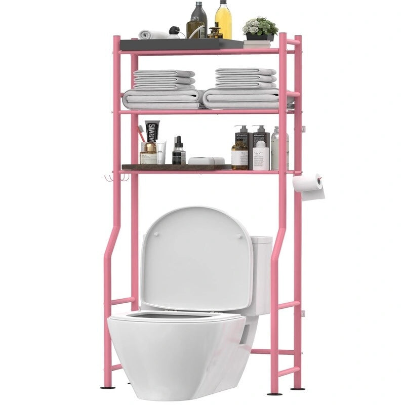 Étagère de rangement 3 niveaux au-dessus des toilettes, Étagère de salle de bain autoportante en métal avec 4 crochets, Étagère de rangement au-dessus des toilettes avec porte-papier