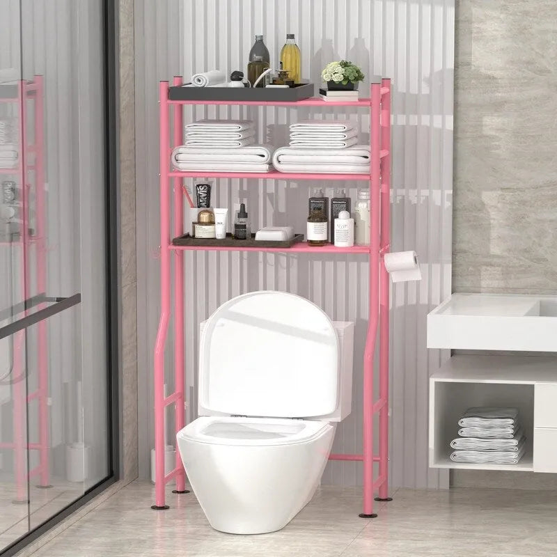Étagère de rangement 3 niveaux au-dessus des toilettes, Étagère de salle de bain autoportante en métal avec 4 crochets, Étagère de rangement au-dessus des toilettes avec porte-papier