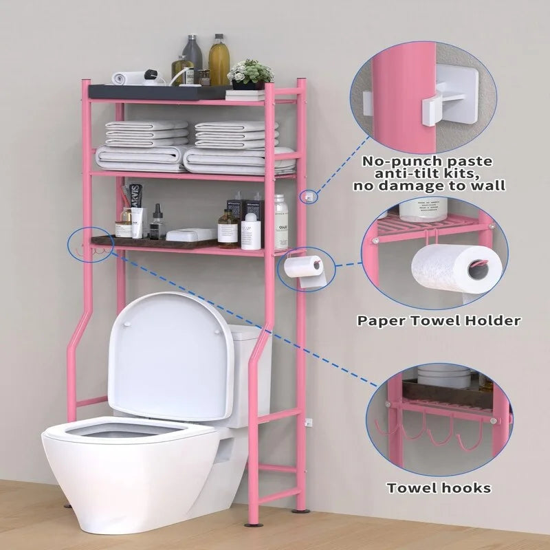 Étagère de rangement 3 niveaux au-dessus des toilettes, Étagère de salle de bain autoportante en métal avec 4 crochets, Étagère de rangement au-dessus des toilettes avec porte-papier