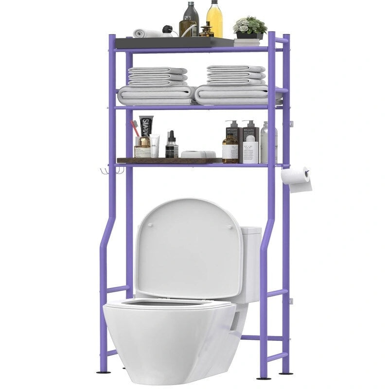 Étagère de rangement 3 niveaux au-dessus des toilettes, Étagère de salle de bain autoportante en métal avec 4 crochets, Étagère de rangement au-dessus des toilettes avec porte-papier