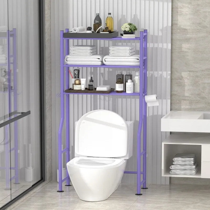 Étagère de rangement 3 niveaux au-dessus des toilettes, Étagère de salle de bain autoportante en métal avec 4 crochets, Étagère de rangement au-dessus des toilettes avec porte-papier