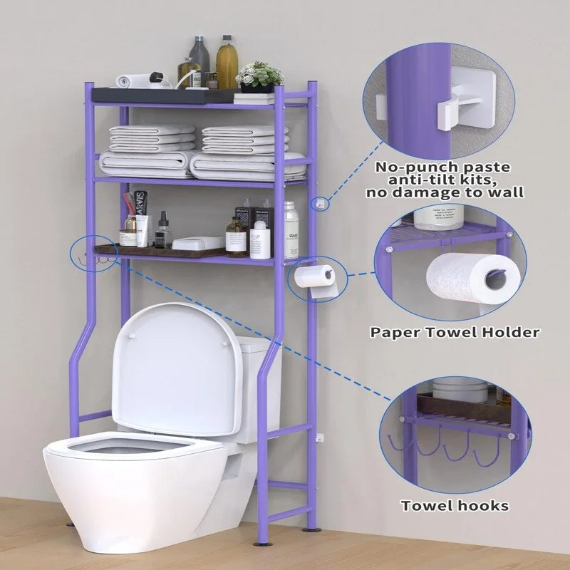 Étagère de rangement 3 niveaux au-dessus des toilettes, Étagère de salle de bain autoportante en métal avec 4 crochets, Étagère de rangement au-dessus des toilettes avec porte-papier