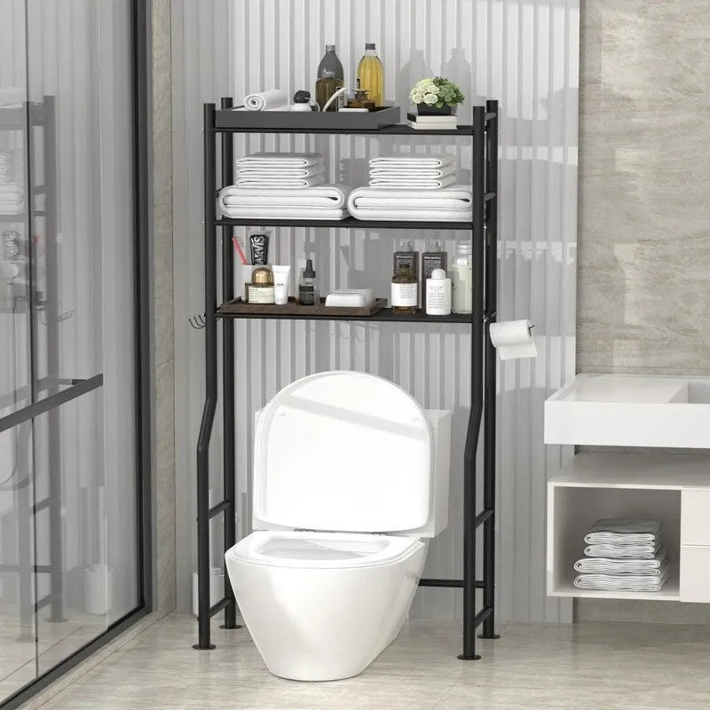 Étagère de rangement 3 niveaux au-dessus des toilettes, Étagère de salle de bain autoportante en métal avec 4 crochets, Étagère de rangement au-dessus des toilettes avec porte-papier
