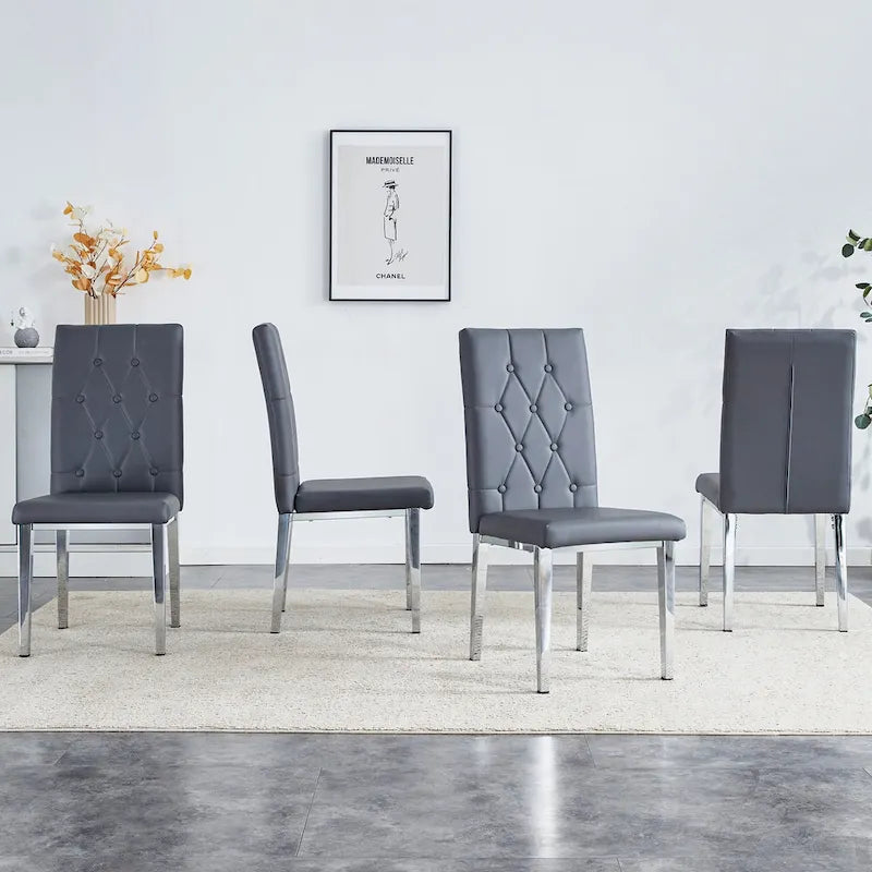 Cet ensemble de 4 chaises de salle à manger grises sans accoudoirs apporte une touche d'élégance et de mystère à la salle à manger grâce à son ton gris profond.