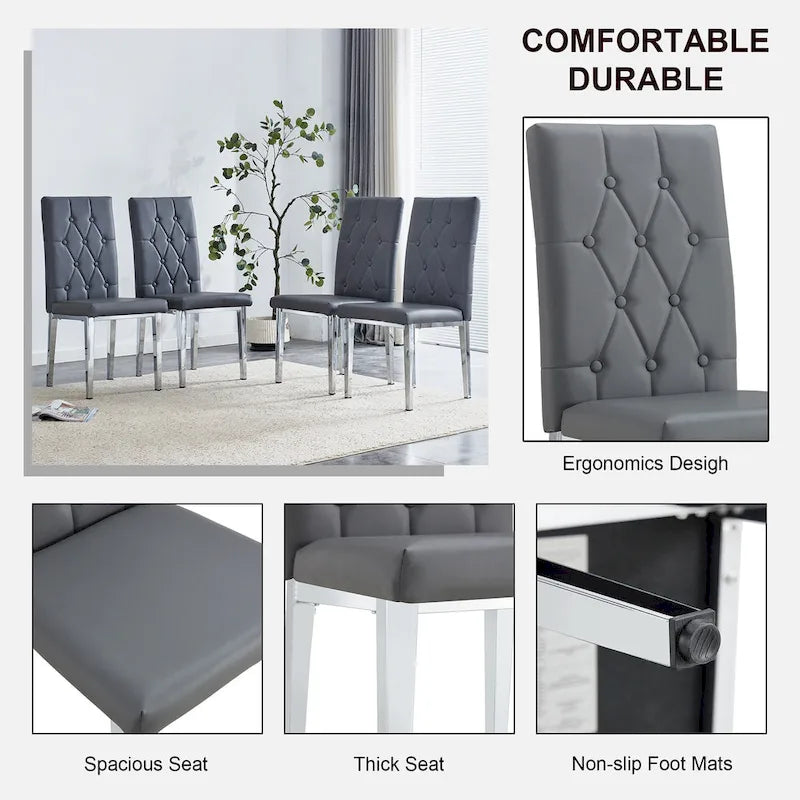 Cet ensemble de 4 chaises de salle à manger grises sans accoudoirs apporte une touche d'élégance et de mystère à la salle à manger grâce à son ton gris profond.