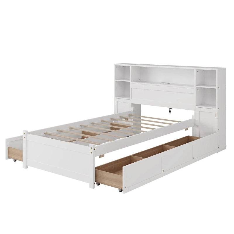 Lit de rangement en bois Lit capitonné avec tête de lit bibliothèque haute, 6 tiroirs et station de recharge, pas besoin de sommier tapissier