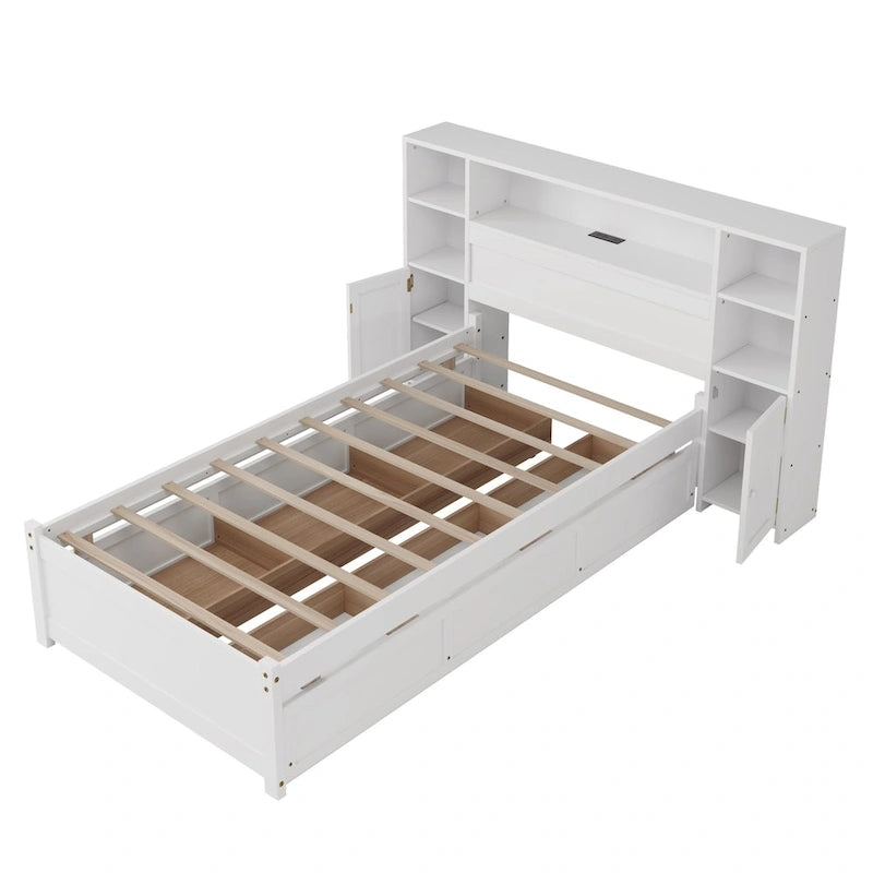 Lit de rangement en bois Lit capitonné avec tête de lit bibliothèque haute, 6 tiroirs et station de recharge, pas besoin de sommier tapissier