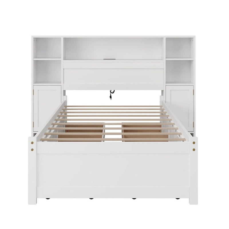 Lit de rangement en bois Lit capitonné avec tête de lit bibliothèque haute, 6 tiroirs et station de recharge, pas besoin de sommier tapissier