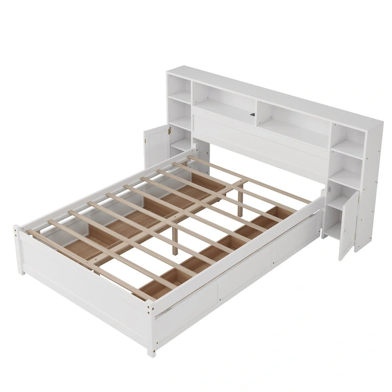 Lit de rangement en bois Lit capitonné avec tête de lit bibliothèque haute, 6 tiroirs et station de recharge, pas besoin de sommier tapissier