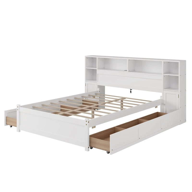 Lit de rangement en bois Lit capitonné avec tête de lit bibliothèque haute, 6 tiroirs et station de recharge, pas besoin de sommier tapissier