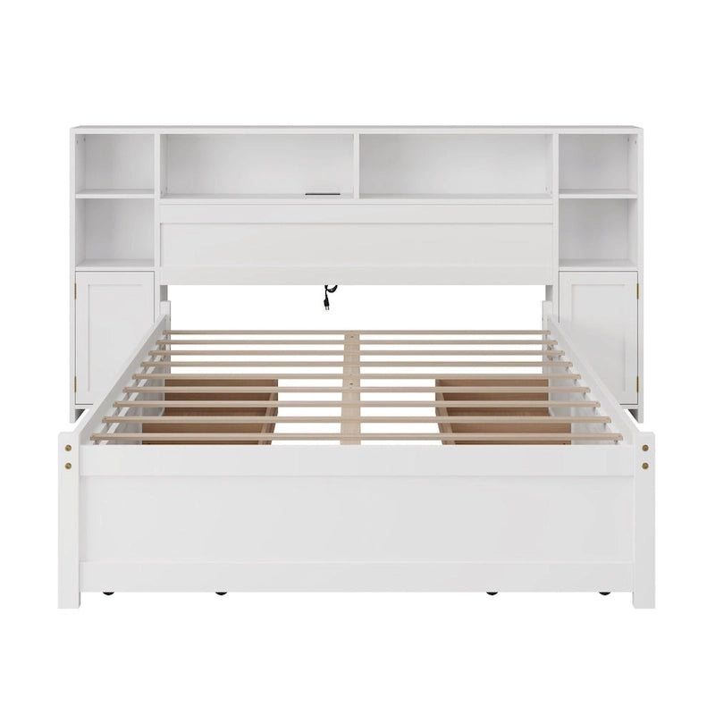 Lit de rangement en bois Lit capitonné avec tête de lit bibliothèque haute, 6 tiroirs et station de recharge, pas besoin de sommier tapissier