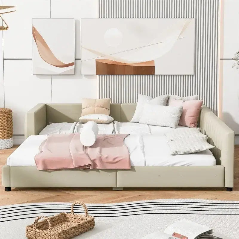 Lit plateforme rembourré double Queen Size et Twin XL, lit mère et enfant en cuir PU, lit de sol pour chambre à coucher