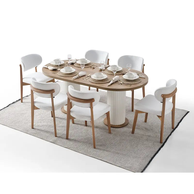 Ensemble table à manger ovale 7 pièces Bari et 6 chaises de salle à manger avec pieds en bois