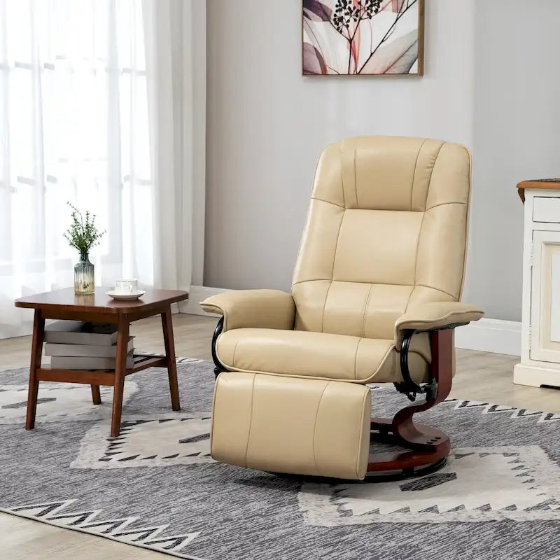 Fauteuil inclinable pivotant en cuir synthétique avec base en bois, dossier réglable et repose-pieds rétractable