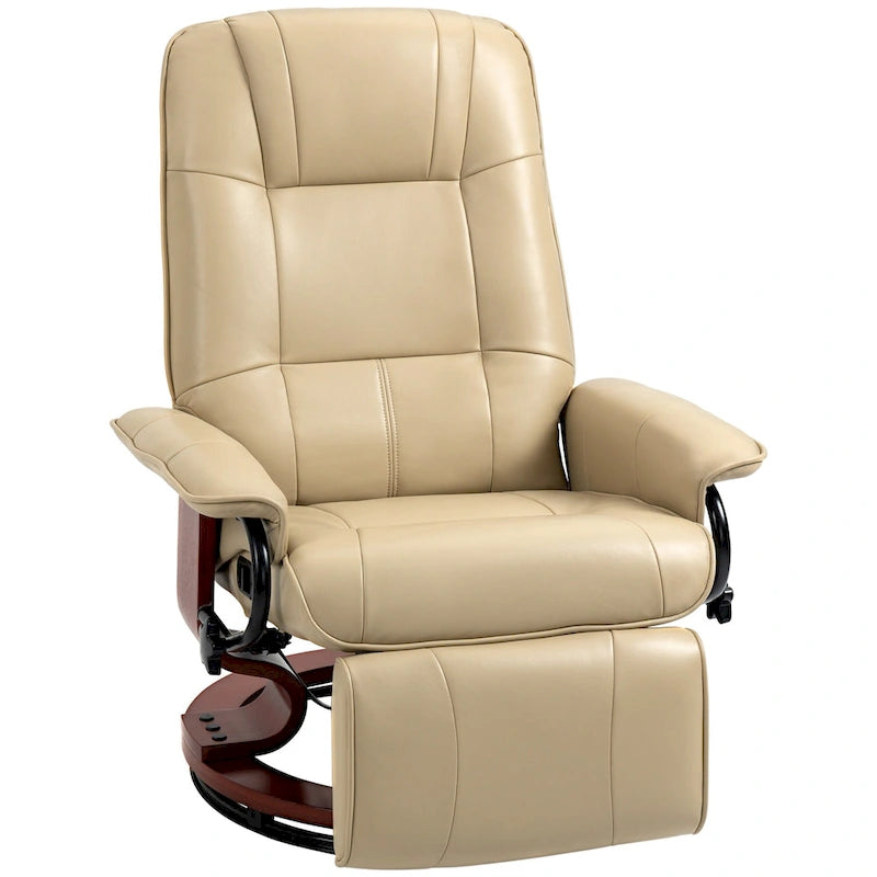 Fauteuil inclinable pivotant en cuir synthétique avec base en bois, dossier réglable et repose-pieds rétractable