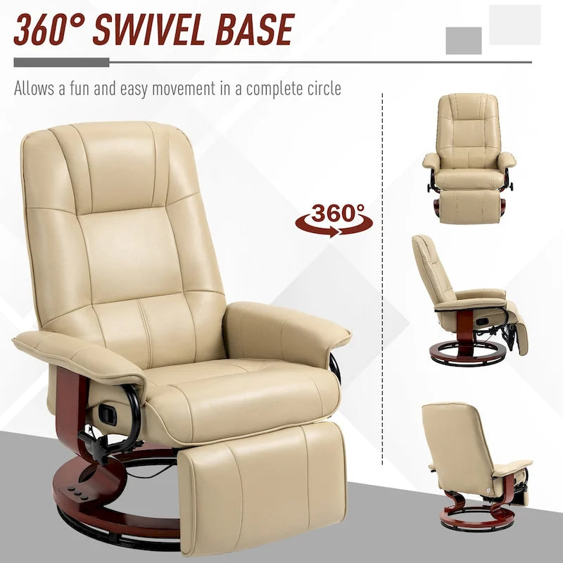 Fauteuil inclinable pivotant en cuir synthétique avec base en bois, dossier réglable et repose-pieds rétractable