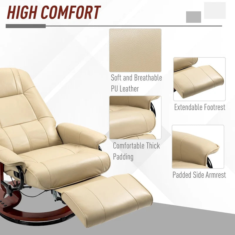 Fauteuil inclinable pivotant en cuir synthétique avec base en bois, dossier réglable et repose-pieds rétractable