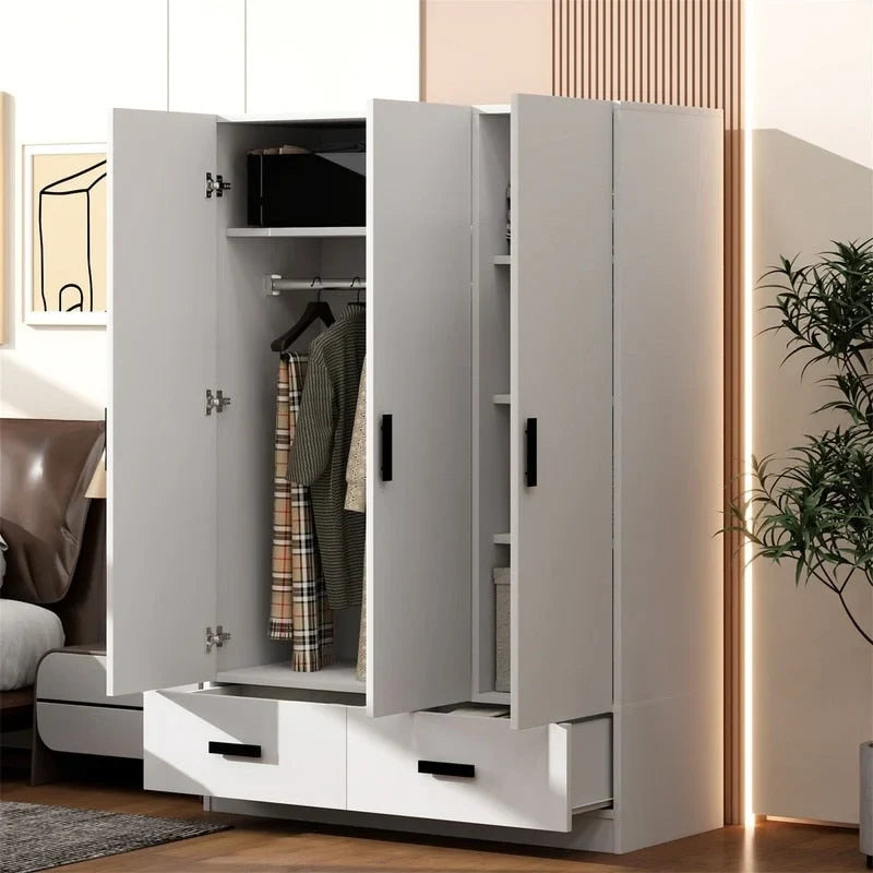 Armoire de chambre à 3 portes avec tringle à vêtements et 2 tiroirs de rangement, organisateur de vêtements en bois massif avec étagères de rangement