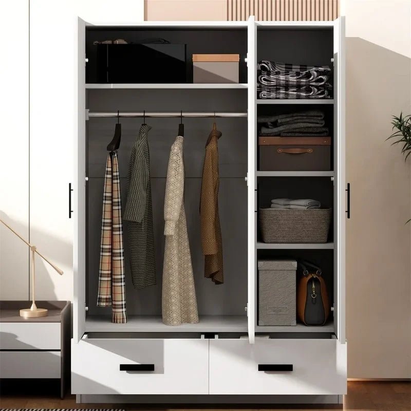 Armoire de chambre à 3 portes avec tringle à vêtements et 2 tiroirs de rangement, organisateur de vêtements en bois massif avec étagères de rangement
