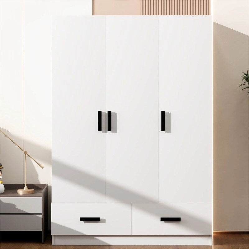 Armoire de chambre à 3 portes avec tringle à vêtements et 2 tiroirs de rangement, organisateur de vêtements en bois massif avec étagères de rangement