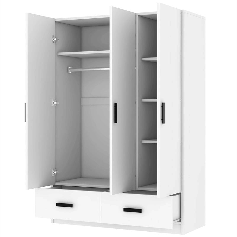 Armoire de chambre à 3 portes avec tringle à vêtements et 2 tiroirs de rangement, organisateur de vêtements en bois massif avec étagères de rangement