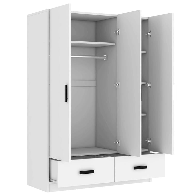 Armoire de chambre à 3 portes avec tringle à vêtements et 2 tiroirs de rangement, organisateur de vêtements en bois massif avec étagères de rangement