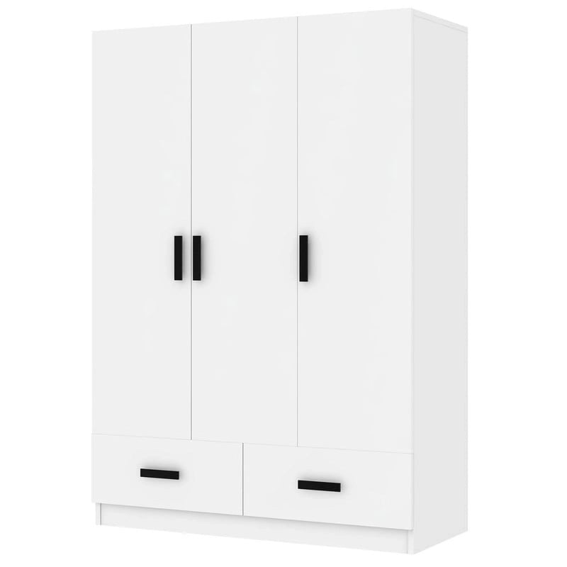 Armoire de chambre à 3 portes avec tringle à vêtements et 2 tiroirs de rangement, organisateur de vêtements en bois massif avec étagères de rangement