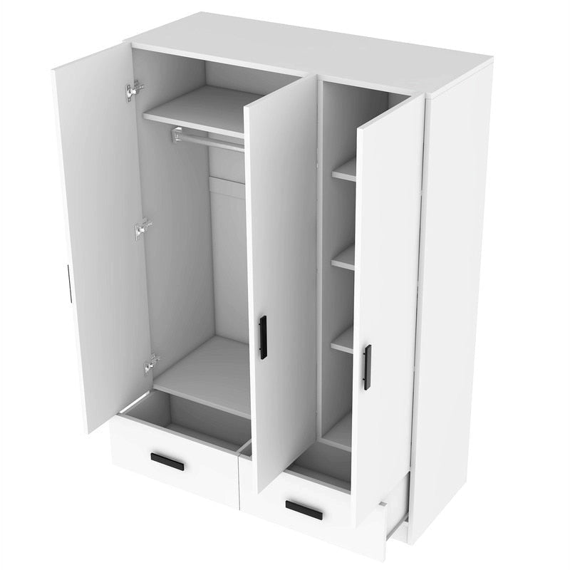 Armoire de chambre à 3 portes avec tringle à vêtements et 2 tiroirs de rangement, organisateur de vêtements en bois massif avec étagères de rangement