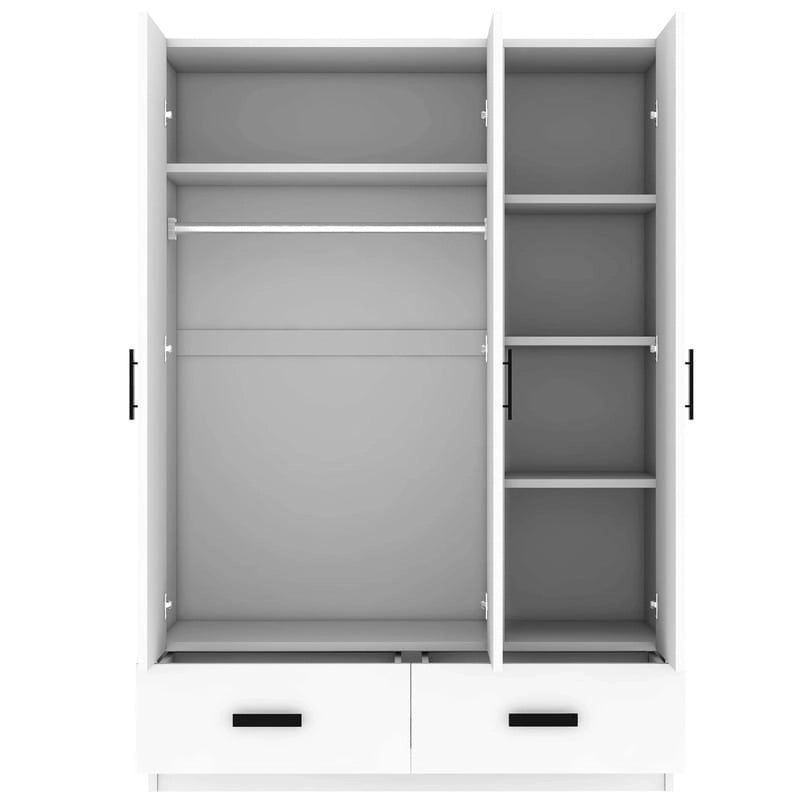Armoire de chambre à 3 portes avec tringle à vêtements et 2 tiroirs de rangement, organisateur de vêtements en bois massif avec étagères de rangement