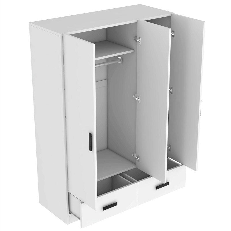 Armoire de chambre à 3 portes avec tringle à vêtements et 2 tiroirs de rangement, organisateur de vêtements en bois massif avec étagères de rangement