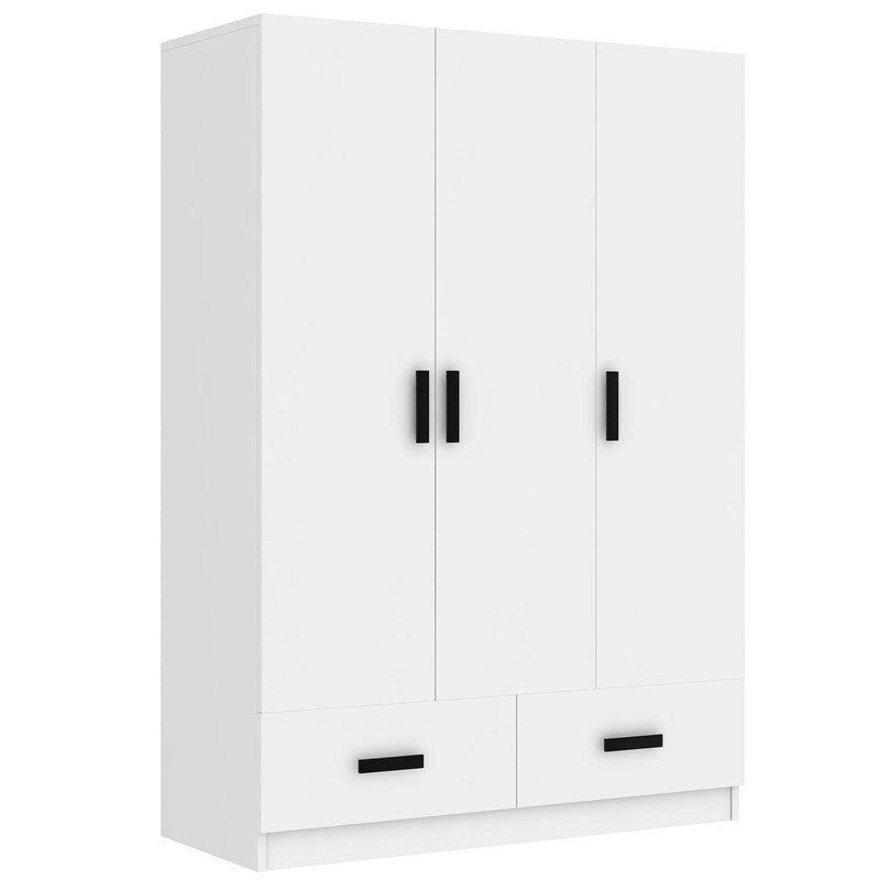 Armoire de chambre à 3 portes avec tringle à vêtements et 2 tiroirs de rangement, organisateur de vêtements en bois massif avec étagères de rangement