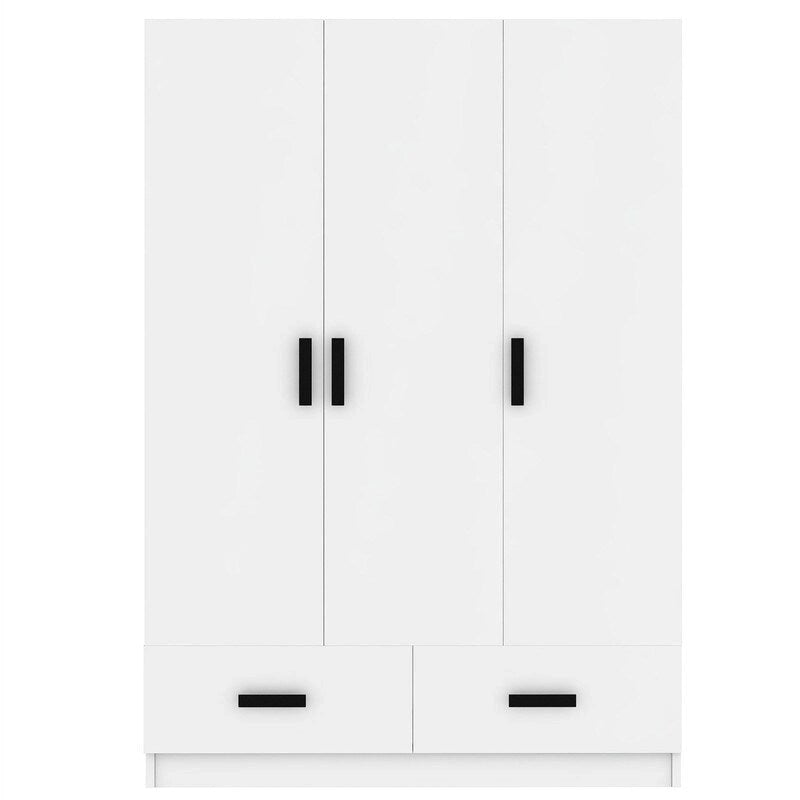 Armoire de chambre à 3 portes avec tringle à vêtements et 2 tiroirs de rangement, organisateur de vêtements en bois massif avec étagères de rangement