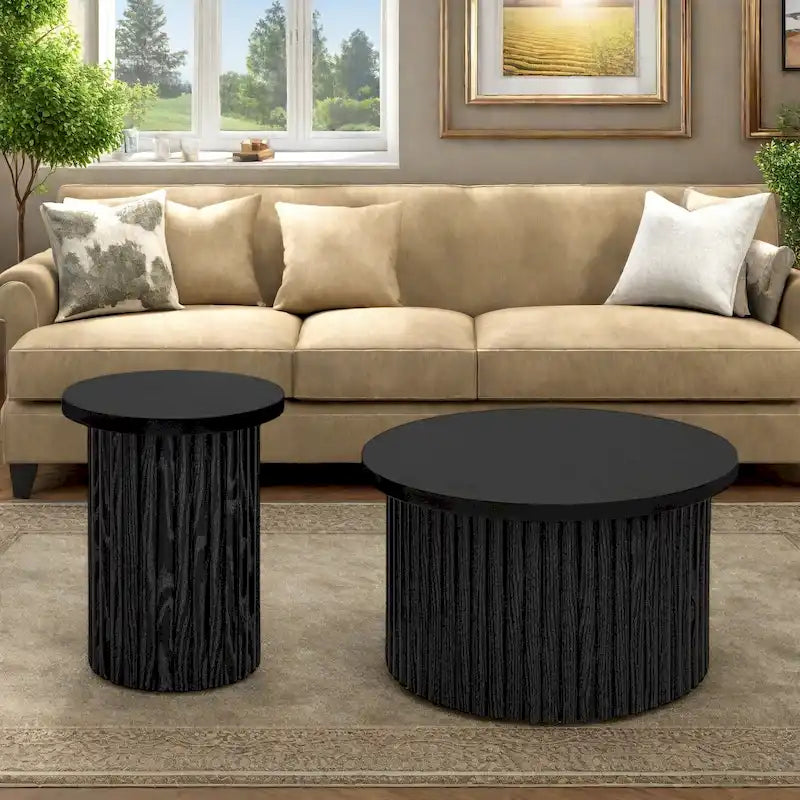 Ensemble de tables basses en MDF avec pieds à lattes verticales, patins antidérapants et conception combinable polyvalente