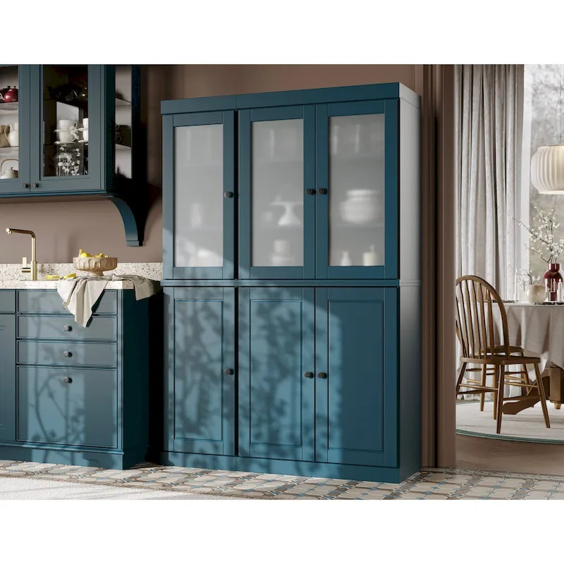 Palace Imports Vaisselier/Garde-manger 100% Bois Massif de 123 cm avec Verre Dépoli, Portes en Bois Massif et 2 Tiroirs