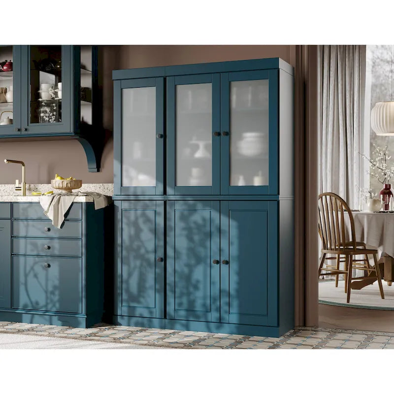 Palace Imports Vaisselier/Garde-manger 100% Bois Massif de 123 cm avec Verre Dépoli, Portes en Bois Massif et 2 Tiroirs
