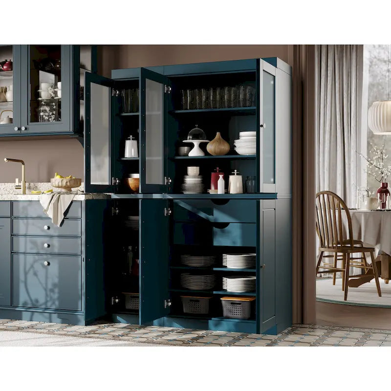 Palace Imports Vaisselier/Garde-manger 100% Bois Massif de 123 cm avec Verre Dépoli, Portes en Bois Massif et 2 Tiroirs