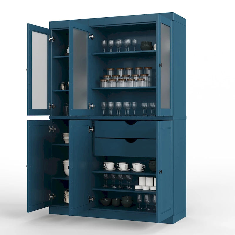 Palace Imports Vaisselier/Garde-manger 100% Bois Massif de 123 cm avec Verre Dépoli, Portes en Bois Massif et 2 Tiroirs