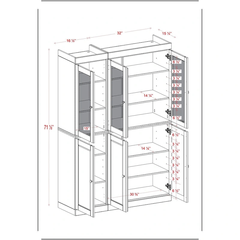 Palace Imports Vaisselier/Garde-manger 100% Bois Massif de 123 cm avec Verre Dépoli, Portes en Bois Massif et 2 Tiroirs