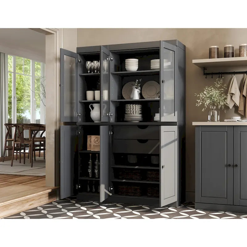 Palace Imports Vaisselier/Garde-manger 100% Bois Massif de 123 cm avec Verre Dépoli, Portes en Bois Massif et 2 Tiroirs