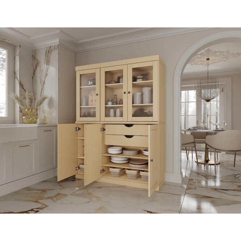 Palace Imports Vaisselier/Garde-manger 100% Bois Massif de 123 cm avec Verre Dépoli, Portes en Bois Massif et 2 Tiroirs