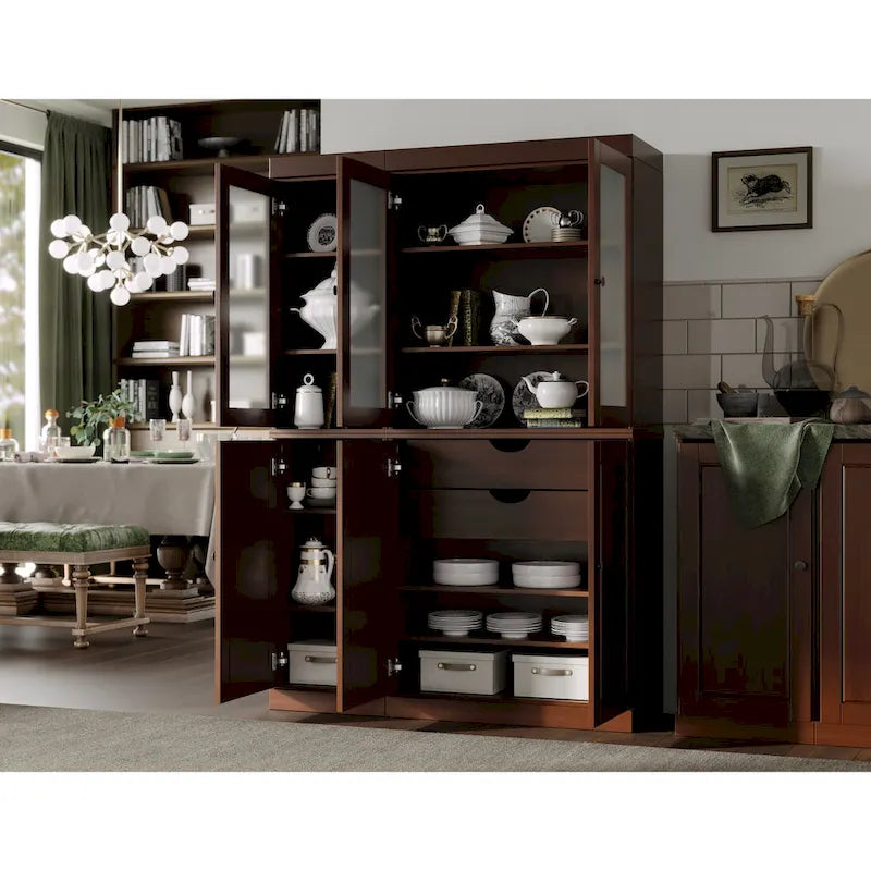 Palace Imports Vaisselier/Garde-manger 100% Bois Massif de 123 cm avec Verre Dépoli, Portes en Bois Massif et 2 Tiroirs